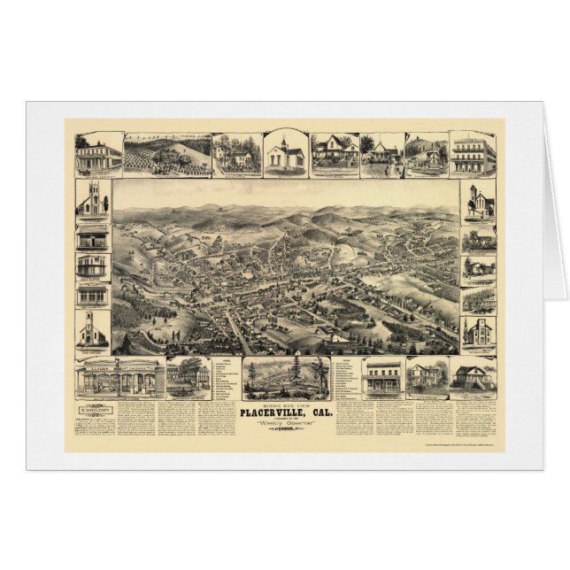 Cartão Placerville, mapa panorâmico de CA - 1888 (Frente Horizontal)