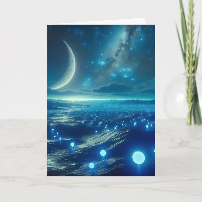 Cartão Planeta Alien e Formas de Vida Alienígenas em Azul (Frente)