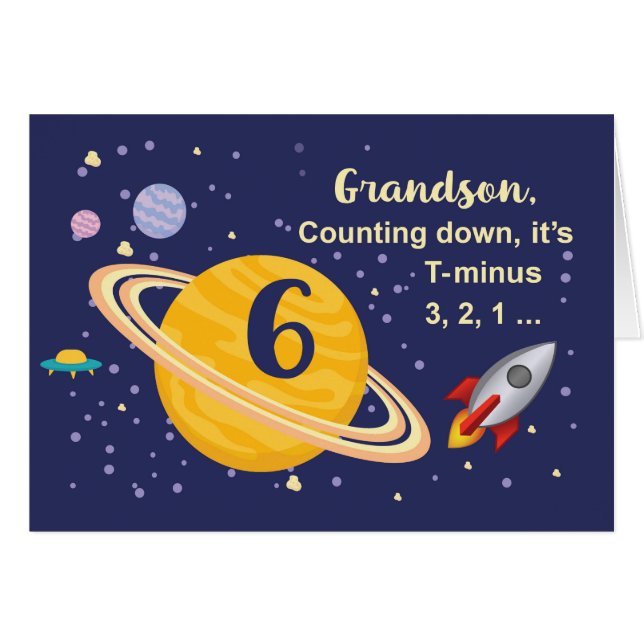 Cartão Planetas de Aniversário do 6 Neto no Espaço Exteri (Frente Horizontal)