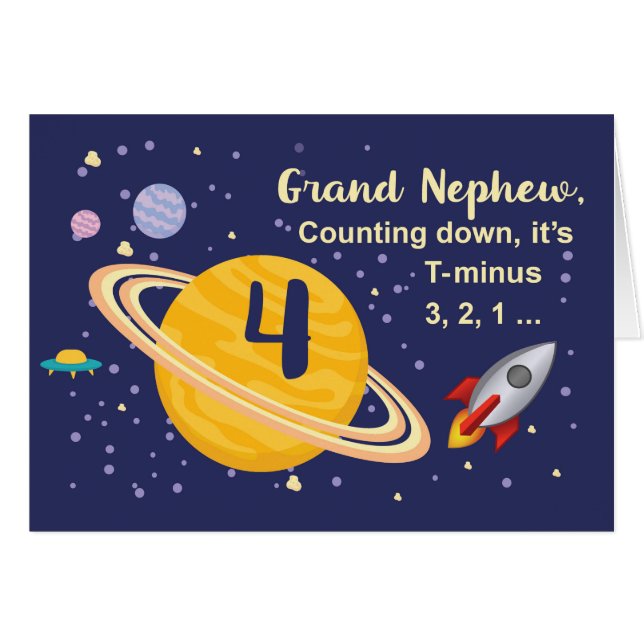 Cartão Planetas do 4º Aniversário do Grande Sobrinho no E (Frente Horizontal)