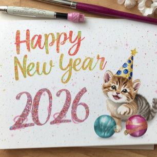 cartão plano ano novo gato engraçado