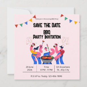 Cartão Plano Beige Azul BBQ Salve a Data