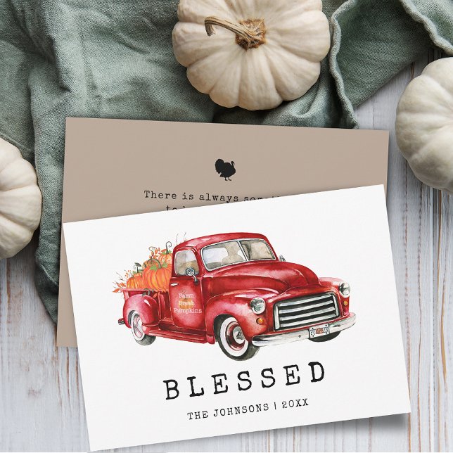 Cartão Plano de Abóbora de Caminhão Vermelho de Aç (Blessed Thanksgiving Red Truck Pumpkins Flat Card)