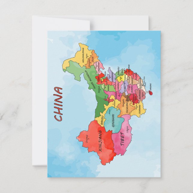 Cartão Plano de Arte de Aquarela do Mapa da China (Frente)