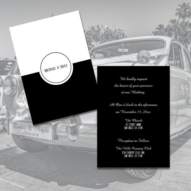 Cartão plano de convite para casamento branco e pr (Classic Black & White Wedding Invitation)