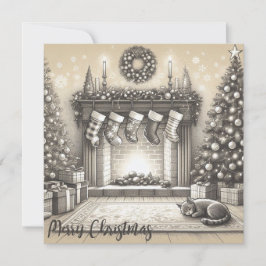 Cartão plano de esboço do Gatinho de Natal