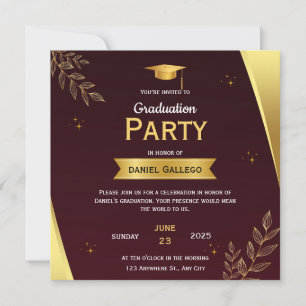 Cartão Plano de Festa de Formatura Vermelho e Dour