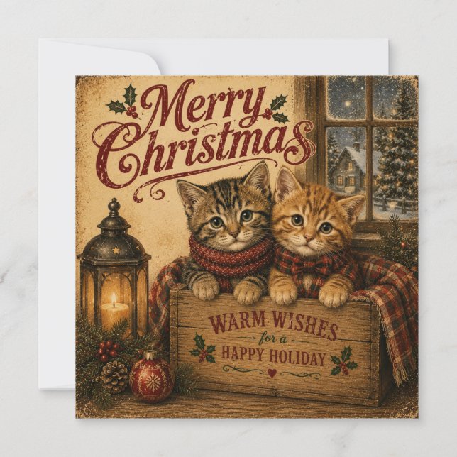 cartão plano de gatos de natal vintage (Frente)