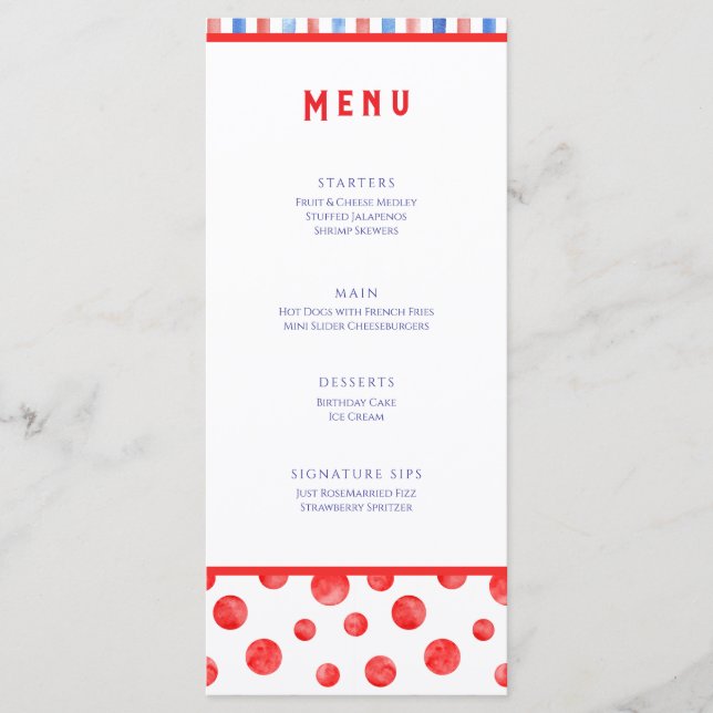 Cartão Plano de Menu de Evento Vermelho Azul de Ve (Frente)