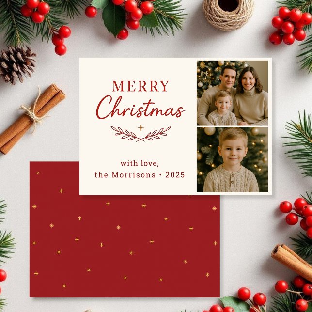Cartão Plano de Natal Vermelho com Duas Fotos (Criador carregado)