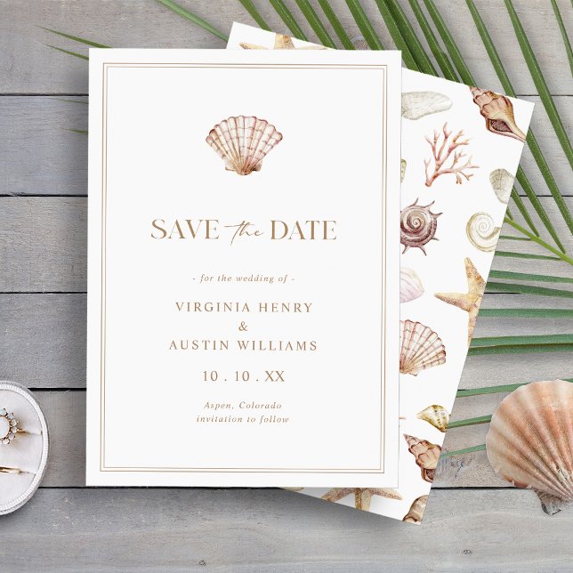 Cartão Plano de Salvar a Data (Elegant Seashell Watercolor Beach Flat Save The Date Card by Painted Paperie
)
