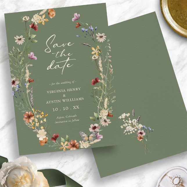 Cartão Plano de Salvar a Data do Festival de Flore (Watercolor Sage Green Wildflower Save The Date Flat Card with Butterfly by Painted Paperie)