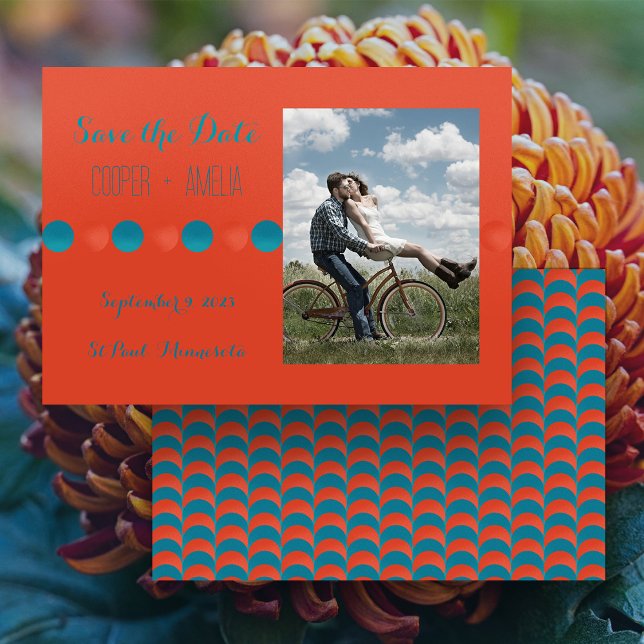 Cartão Plano de Salvar a Data em Laranja e Azul Tu (Burnt Orange and Teal Save the Date horizontal flat card with your photo)