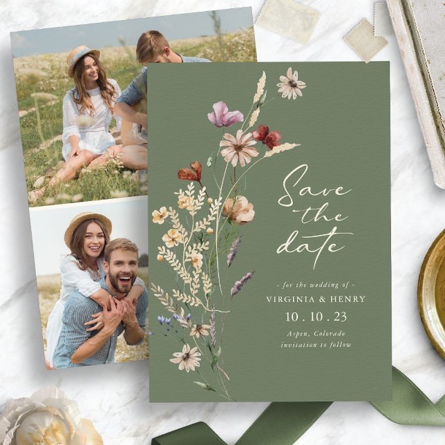 Cartão Plano de Salvar Data Boho com Foto Verde (Green Photo Boho Save The Date Flat Card
)
