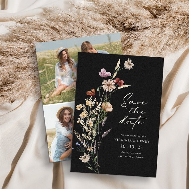 Cartão Plano de Salvar Data Boho Foto Preta (Black Wildflowers Photo Boho Save The Date Flat Card by Painted Paperie
)