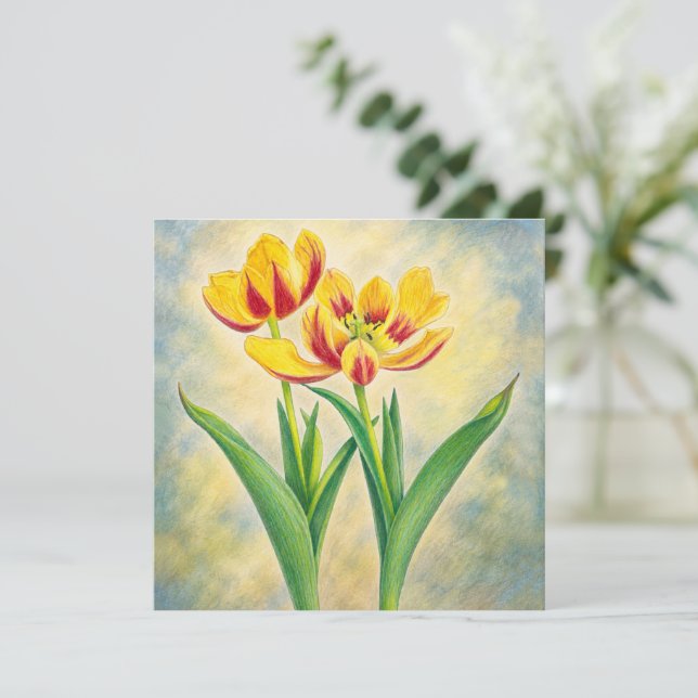 Cartão Plano de Tulipas Vermelhas e Amarelas (Em pé/Frente)