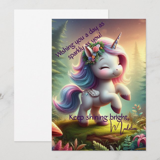 Cartão Plano de Unicórnio Encantador Personalizado (Frente/Verso)
