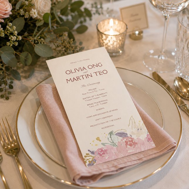 Cartão Plano Programa de Casamento com Convite Flo (Elegant Floral Wedding Ceremony Program for Romantic Reception Table Styling)