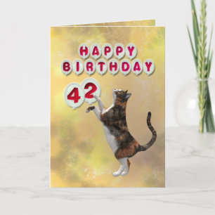 Cartão Playful cat and 42nd Happy Birthday balloons