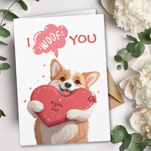 Cartão Playful Corgi I Woof You Red Hearts Dog Namorados