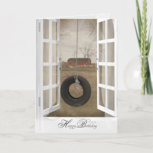 Cartão pneu velho balançando com aniversário de celeiro