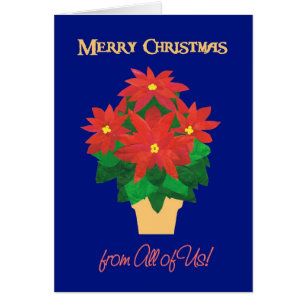 Cartão Poinsetos sobre o Natal Azul e Feliz de Todos Nós