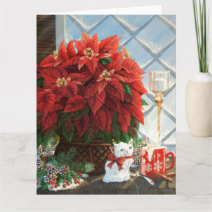Cartão Poinsettia de inverno, Gato cerâmico, Ovo de canec