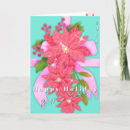 Cartão Poinsettia Happy Holiday New Year Aqua Blue