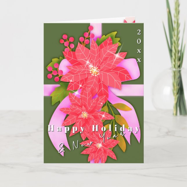 Cartão Poinsettia Happy Holiday New Year Green (Frente)