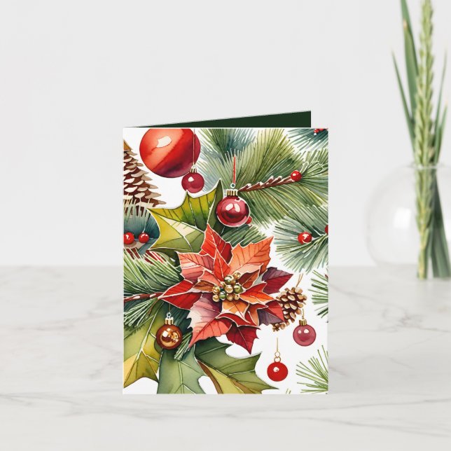 Cartão Poinsettia & Red Ornament Foto e Fato Natal (Frente)