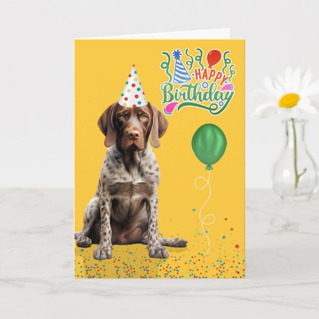 Cartão Pointer Dog in a Party Hat on Yellow Birthday (Planta pequena)