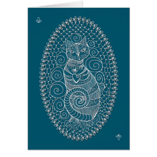 Cartão Poise (um gato de renda), em azul-oceano.Em branco