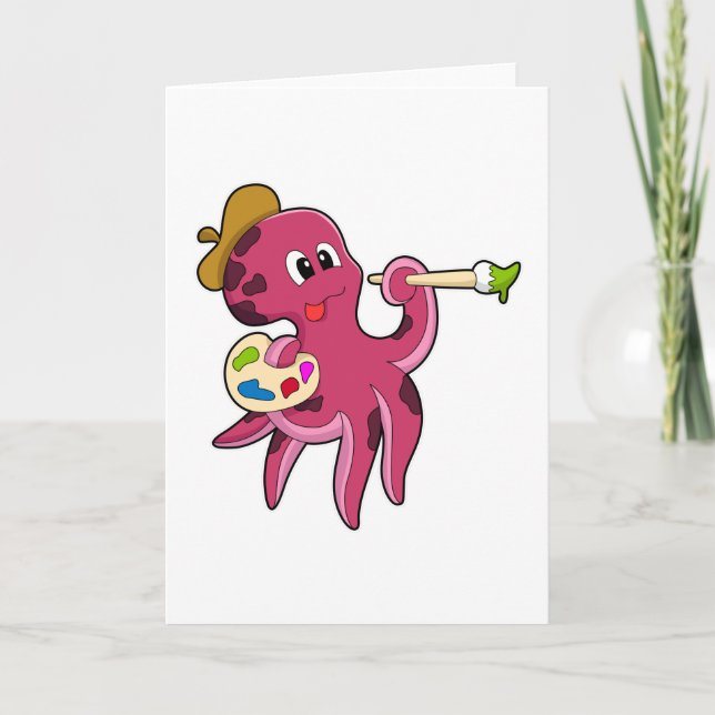 Cartão Polvo pintando com pincel e cor (Frente)