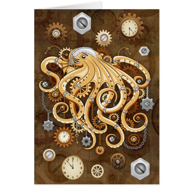 Cartão Polvo Steampunk Retro Fantasia Mecânica (Frente)