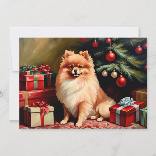 Cartão Pomerânia sentado junto à árvore de Natal (Frente)