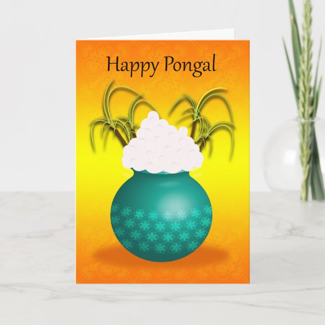 Cartão Pongal feliz, com um pote do arroz e das plantas (Frente)