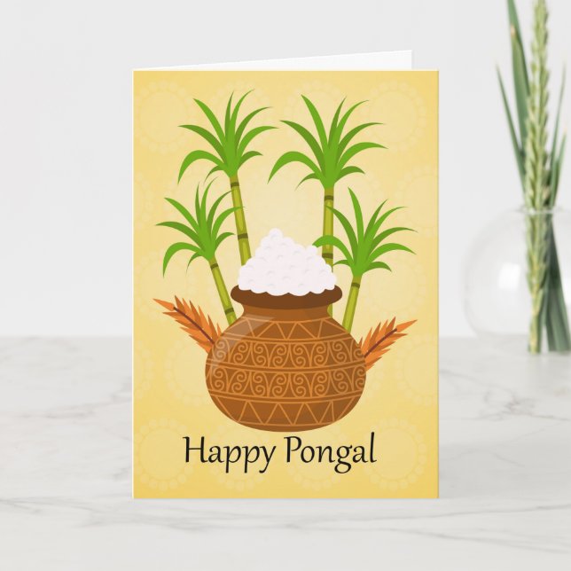 Cartão Pongal feliz, com um pote do arroz e das plantas (Frente)