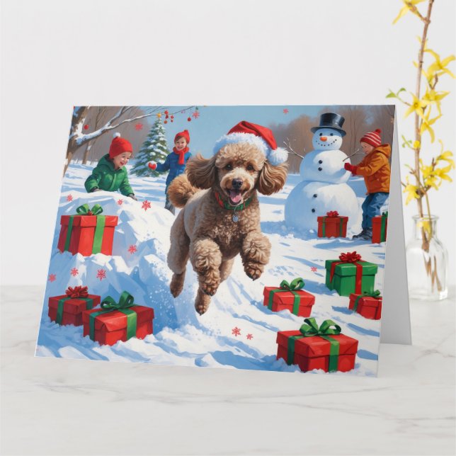 Cartão Poodle Correndo na Neve com Chapéu de Natal (Flor Amarela)