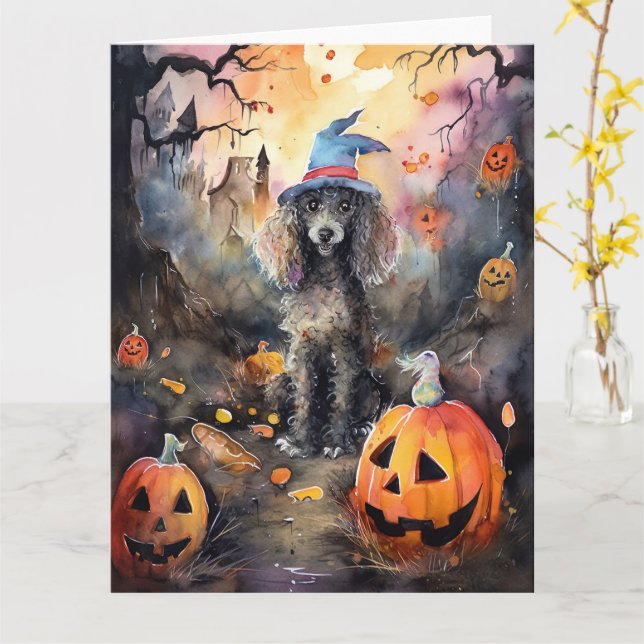 Cartão Poodle de Halloween com Abóboras Assustadoras (Flor Amarela)