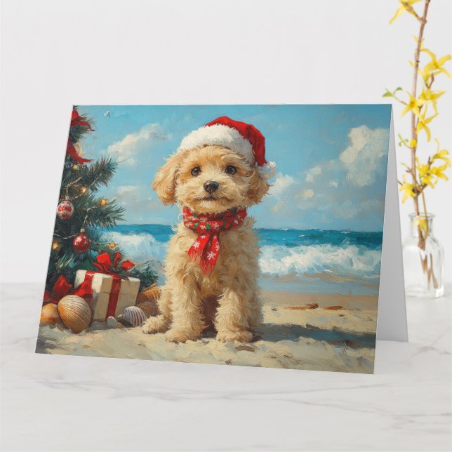 Cartão Poodle Dog Christmas Vintage Beach (Flor Amarela)