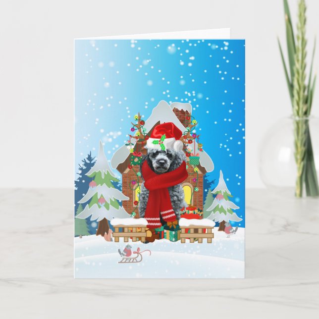 Cartão Poodle na neve com presentes de Natal  (Frente)
