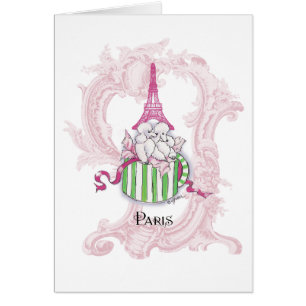Cartão Poodles de Torre Eiffel Rosa em Hatbox
