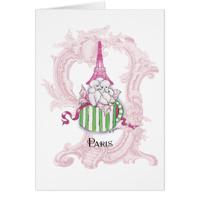 Cartão Poodles de Torre Eiffel Rosa em Hatbox (Frente)
