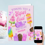 Cartão Popsicle Personalizado Idade Menina Super Legal An<br><div class="desc">Cartão de Aniversário Personalizado para uma rapariga especial. Este design colorido apresenta picolés de aquarela e sorvetes de chocolate mergulhados em paus. O texto diz "desejando-lhe um super legal #th aniversário [nome]" em tipografia química e letras retrógradas à mão. O modelo está configurado para você personalizar com qualquer dentro de...</div>