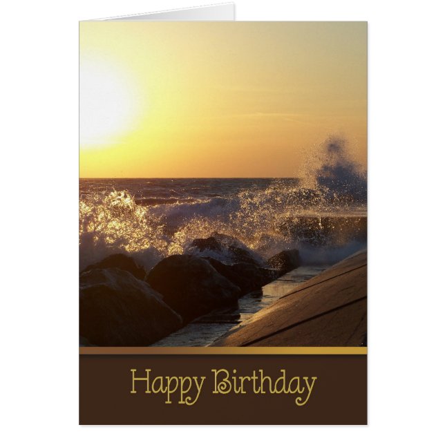 Cartão pôr do sol de aniversário sobre rochas de praia (Frente)