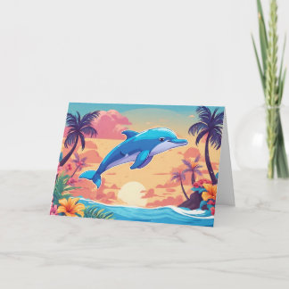 Cartão Pôr do sol em ilha tropical e golfinho