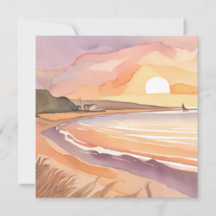 Cartão Pôr do Sol na Praia Bela Pintura em Aquarela