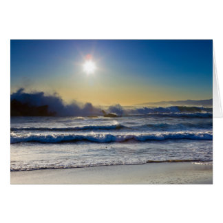 Cartão Por do sol na praia de Santa Monica, ondas enormes