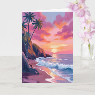Cartão Pôr do sol rosa tropical oceano aquarela
