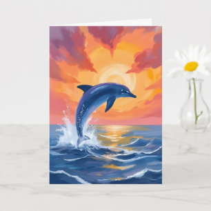 Cartão Pôr do Sol Salto de Golfinho Aquarela Oceano Pinta